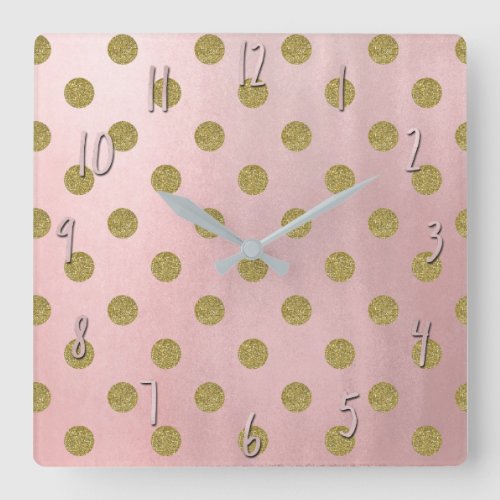 Soft Rose Pink Gold Glitter Glam Polka Dots Cute Square Wall Clock