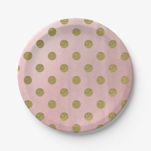 Soft Rose Pink Gold Glitter Glam Polka Dots Party Paper Plates (Front)