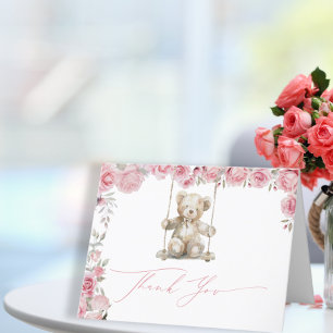Soft Rose Teddy Bear Baby Girl Letterpress Thank You Card