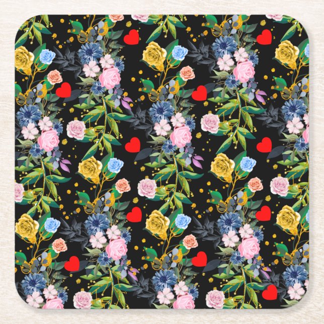 Soft roses black Field | roses Square Paper Coaster (Front)