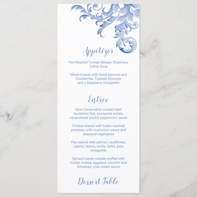 Soft Royal Blue Watercolor Flourish Menu (Back)