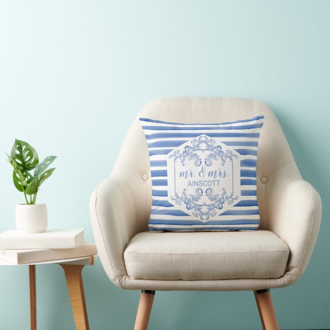 Soft Royal Blue Watercolor Mr. & Mrs. Throw Pillow (Chair)