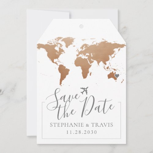 Soft Rust World Map Luggage Tag Save the Date