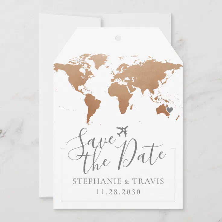Soft Rust World Map Luggage Tag Save the Date | Zazzle