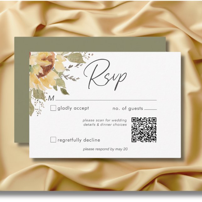 Soft Rustic Large Boho Sunflowers Wedding QR Code RSVP Card (Soft Rustic Large Boho Sunflowers Wedding QR code RSVP Card)