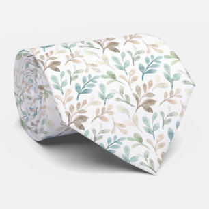 Soft Sage and Ochre Watercolor Leaves Pattern Neck Tie