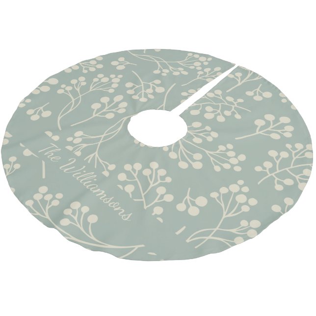 Soft Sage Botanical Personalized Family Name Brushed Polyester Tree Skirt (Angled)