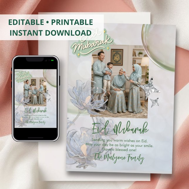 Soft Sage Floral Eid Mubarak Family Photo Card  (Creator Uploaded)