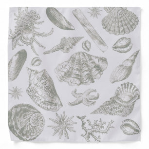 Soft Sage Gray Seashell Sketch Antique Nature Bandana