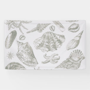 Soft Sage Gray Seashell Sketch Antique Nature Banner