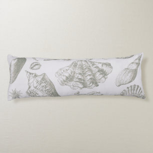 Soft Sage Gray Seashell Sketch Antique Nature Body Pillow