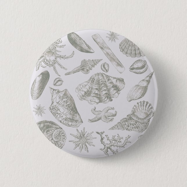 Soft Sage Gray Seashell Sketch Antique Nature Button (Front)