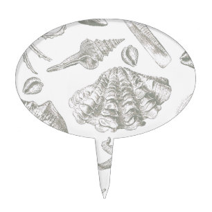 Soft Sage Gray Seashell Sketch Antique Nature Cake Topper