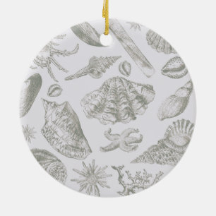 Soft Sage Gray Seashell Sketch Antique Nature Ceramic Ornament