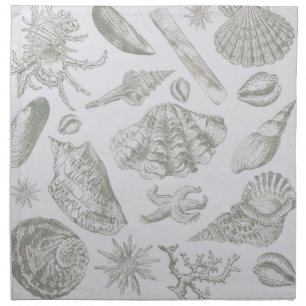 Soft Sage Gray Seashell Sketch Antique Nature Cloth Napkin