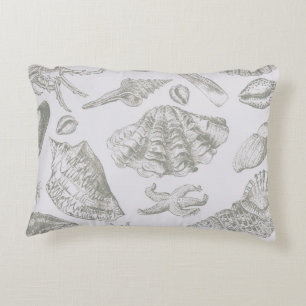 Soft Sage Gray Seashell Sketch Antique Nature Decorative Pillow