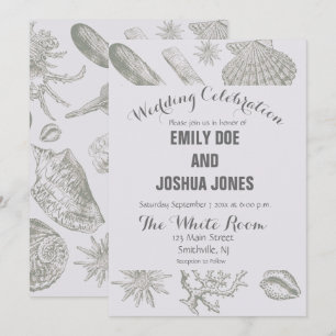 Soft Sage Gray Seashell Sketch Antique Nature Invitation
