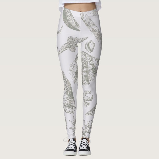 Soft Sage Gray Seashell Sketch Antique Nature Leggings (Front)