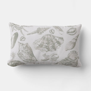 Soft Sage Gray Seashell Sketch Antique Nature Lumbar Pillow