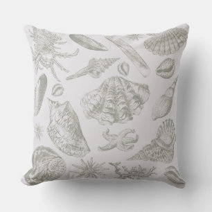 Soft Sage Gray Seashell Sketch Antique Nature Outdoor Pillow