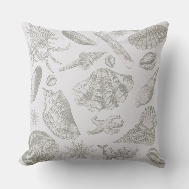 Soft Sage Gray Seashell Sketch Antique Nature Outdoor Pillow (Front)