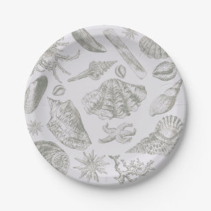 Soft Sage Gray Seashell Sketch Antique Nature Paper Plates