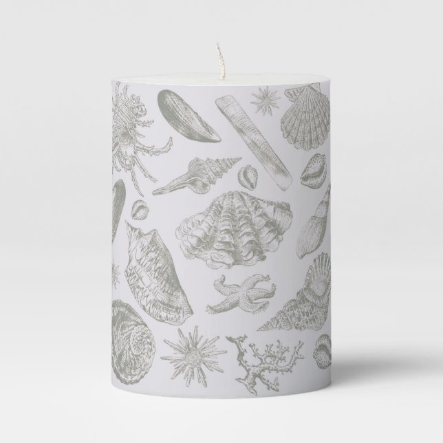 Soft Sage Gray Seashell Sketch Antique Nature Pillar Candle (Front)