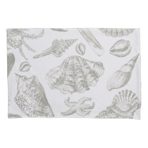 Soft Sage Gray Seashell Sketch Antique Nature Pillow Case