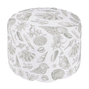 Soft Sage Gray Seashell Sketch Antique Nature Pouf