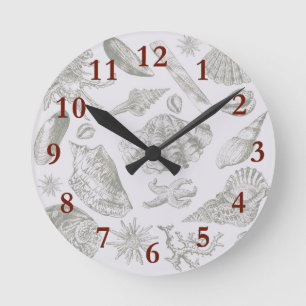 Soft Sage Gray Seashell Sketch Antique Nature Round Clock