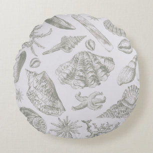 Soft Sage Gray Seashell Sketch Antique Nature Round Pillow