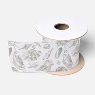 Soft Sage Gray Seashell Sketch Antique Nature Satin Ribbon