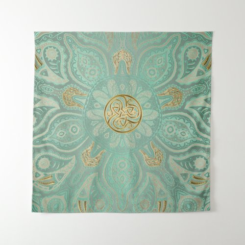 Soft Sage Green and Gold Celtic Mandala Tapestry