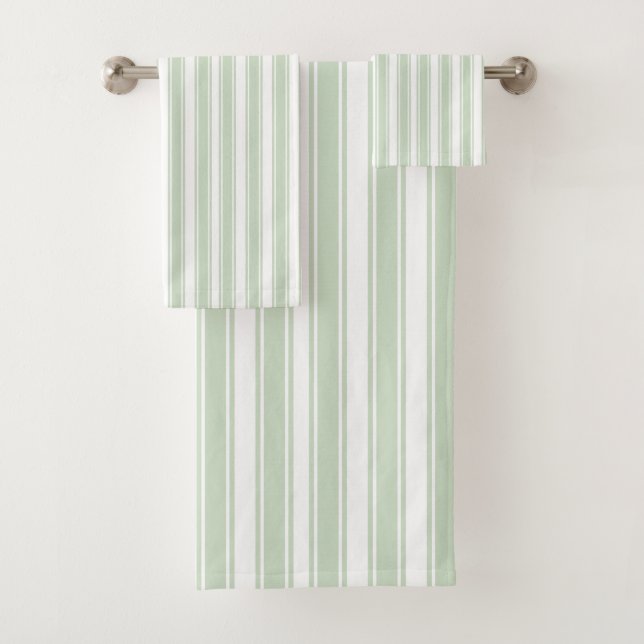 Soft Sage Green and White Ticking Stripe Bath Towel Set (Insitu)