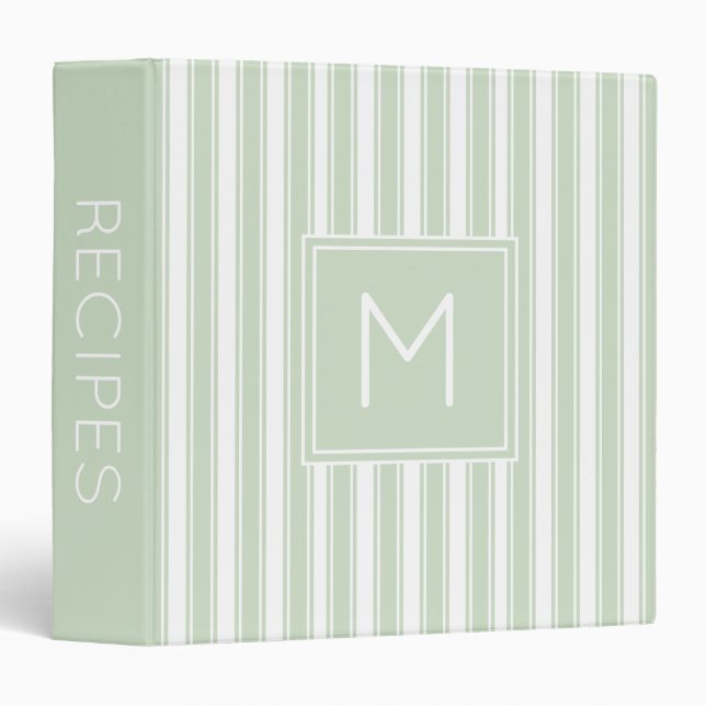 Soft Sage Green and White Ticking Stripe Monogram 3 Ring Binder (Front/Spine)