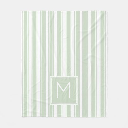 Soft Sage Green and White Ticking Stripe Monogram Fleece Blanket