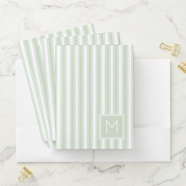 Soft Sage Green and White Ticking Stripe Monogram Pocket Folder (In Situ)