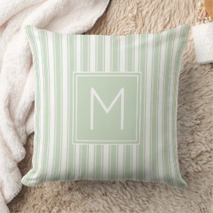 Soft Sage Green and White Ticking Stripe Monogram Throw Pillow