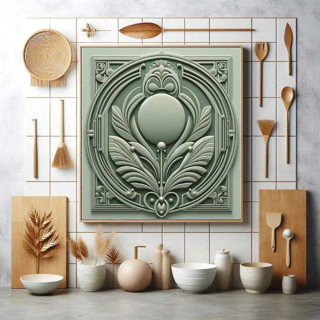 Soft Sage Green Art Deco Symmetric Botanical Motif Ceramic Tile (Soft Sage Green Art Deco Symmetric Botanical Motif Ceramic Tile)