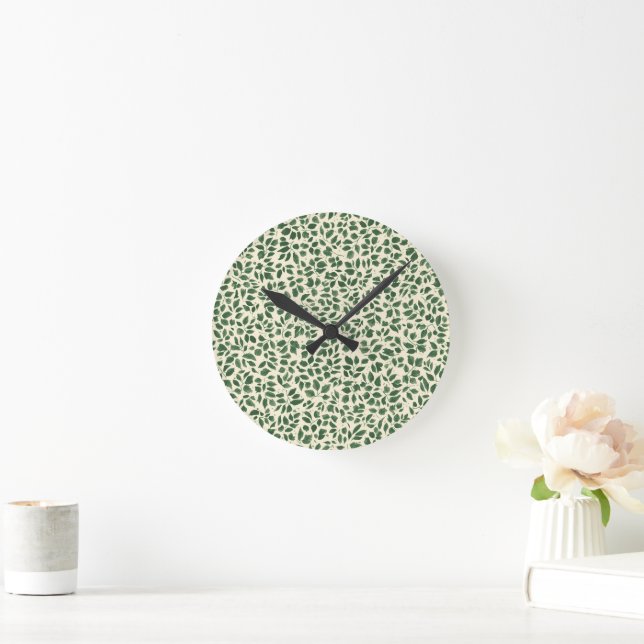 Soft Sage Green Botanical Leaf Foliage Pattern Round Clock (Home)