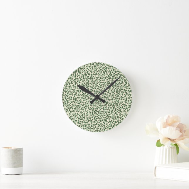 Soft Sage Green Botanical Leaf Foliage Pattern Round Clock (Home)