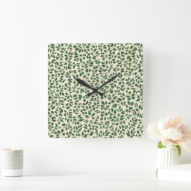 Soft Sage Green Botanical Leaf Foliage Pattern Square Wall Clock (Home)