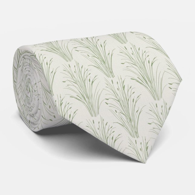 Soft Sage Green Delicate Wild Grass and Reed Neck Tie (Rolled)