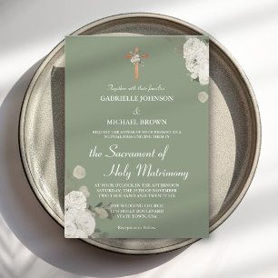 Soft Sage Green Floral Catholic Nuptial Mass Invitation