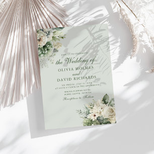 Soft Sage Green Floral Elegant Wedding Invitation