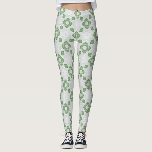 Soft Sage Green Floral Geometric Pattern Leggings (Front)