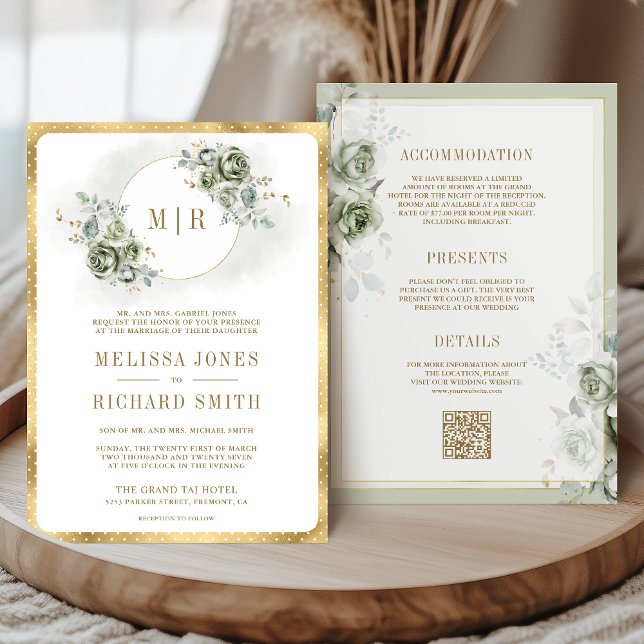 Soft Sage Green Floral Gold All in One Wedding Invitation (Creator Uploaded)