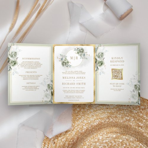 Soft Sage Green Floral Gold All in One Wedding Tri_Fold Invitation