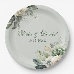 Soft Sage Green Floral Paper Plate