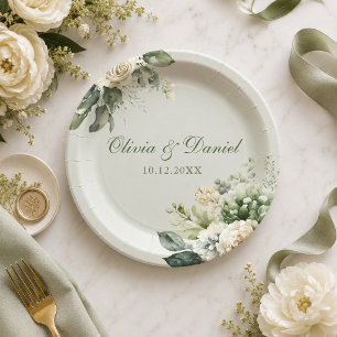 Soft Sage Green Floral Paper Plate